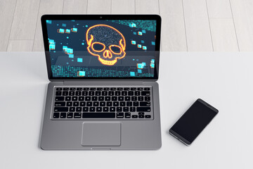 Top view of cellphone and laptop with digital binary code skull on screen. White desk background. Hacking, piracy, malware and data theft concept. 3D Rendering.
