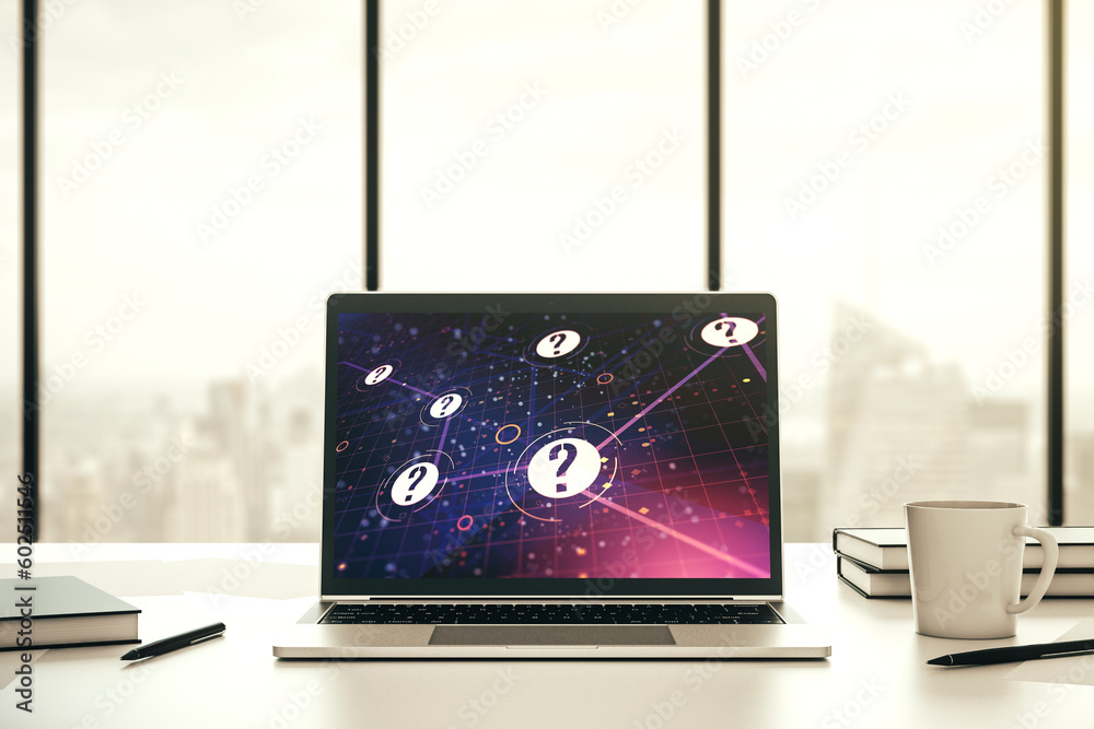 Aufkleber modern computer monitor with question mark hologram. sociology and psychology concept. 3d rendering