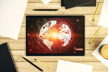 Modern digital tablet display with abstract creative world map, research and analytics concept. Top view. 3D Rendering