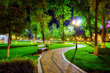 City night park in early summer or spring with pavement, lanterns, young green lawn and trees.