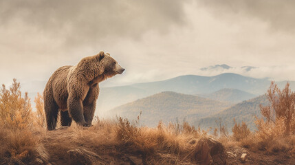 A bear in a field with mountains in the background