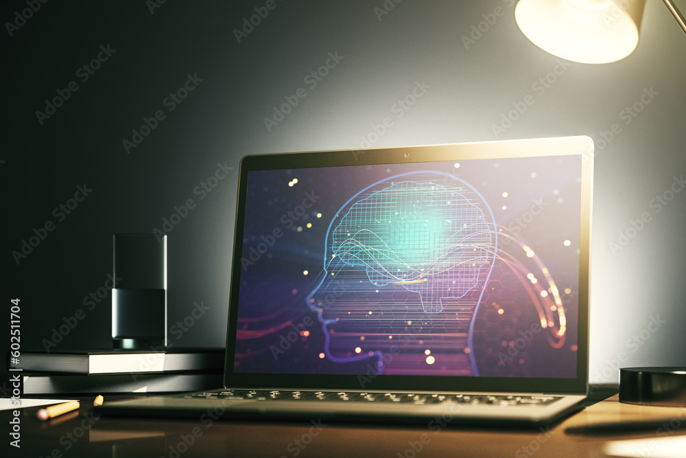 Poster modern computer screen with creative human head microcircuit. future technology and ai concept. 3d r