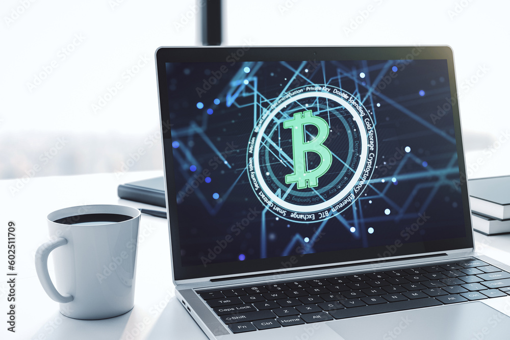 Poster modern computer display with creative bitcoin symbol hologram. mining and blockchain concept. 3d ren