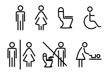 Toilet line icon set. WC sign. Men,women,mother with baby and handicap symbol. Restroom for male, female, transgender, disabled. Vector graphics
