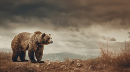 A bear in a field with mountains in the background