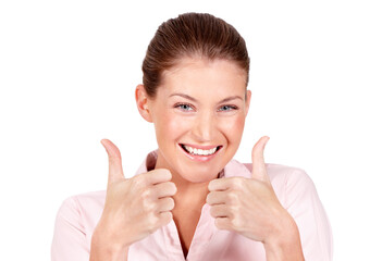 Happy woman, portrait and hands in thumbs up for success, winning or good job against a white studio background. Female person smiling showing thumb emoji, yes sign or like for approval or agreement