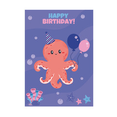 happy birthday greeting card with octopus, birthday party, hello summer