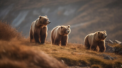 A bear in a field with mountains in the background