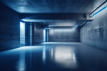 Obraz na płótnie Canvas Modern blue-lit concrete basement with industrial grunge background (3D illustration). Generative AI