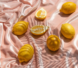 Summer creative layout with lemons and palm leaves shadow on pastel pink velevet background. 80s or 90s retro aesthetic idea. Minimal summer fruit idea.