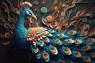 Fototapeta premium Colorful peacock, wallpaper for wall decor, generative AI