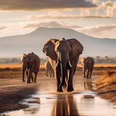 Elephants at Amboseli National Park, Kenya. Generative AI