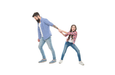 Fototapeta na wymiar Opposite opinion. Opposite direction. Misunderstanding and protest. Stay your position. Father kid moving opposite directions. Difficulties being father of teenager. Girl and dad problem relations