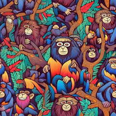 Monkeys seamless repeat pattern - fantasy colorful cubism, abstract art, trippy psychedelic [Generative AI]