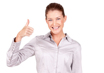 Happy woman, portrait and hand in thumbs up for achievement, success or winning against a white studio background. Female person with smile and showing thumb emoji, yes sign or like for approval