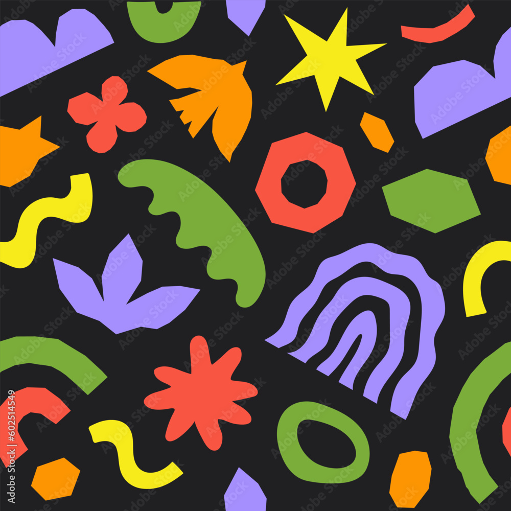 Poster Abstract seamless pattern with colorful geometric cutting doodles. Trendy random shapes on a black background. Vector illustration