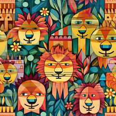 Lions seamless repeat pattern - fantasy colorful cubism, abstract art, trippy psychedelic [Generative AI]