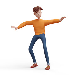 3D young positive man dancing with his index fingers up. Portrait of a funny cartoon guy in casual clothes, sweater and jeans. Minimalistic stylized character. 3D illustration on white background.