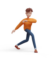 Fototapeta na wymiar 3D young positive man dancing with his index fingers up. Portrait of a funny cartoon guy in casual clothes, sweater and jeans. Minimalistic stylized character. 3D illustration on white background.