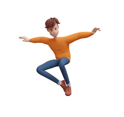 3D young positive man jumping, flying in a dynamic pose. Portrait of a funny cartoon guy in casual clothes. Minimalistic stylized character. 3D illustration on white background.