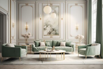 Fototapeta premium Inviting Elegant Living Room with Contemporary Flair, featuring Stylish Furniture and Artful Decor.