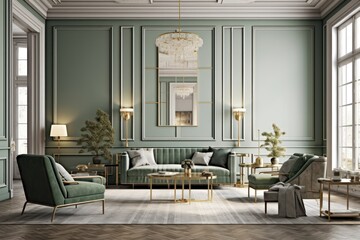 Luxury living room in house with modern interior design, green velvet sofa