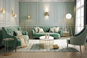 Luxury living room in house with modern interior design, green velvet sofa