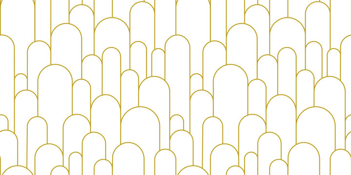 Boho Arch Seamless Pattern. Geometric Art Deco Simple Background. Golden Circular Arc In Linear Style. Seamless Abstract Modern Geometric Pattern. Vector Illustration On White Background.