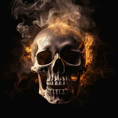 Human Skull in Flames with Smoke on Black Background. Generative AI