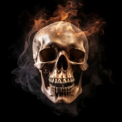 Human Skull in Flames with Smoke on Black Background. Generative AI