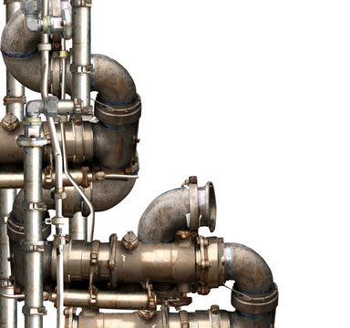 Vintage steampunk decoration with pipes. Retro pipelines and pipe elbow.  Oil, gas or steam pipeline with fittings and valves. Isolated on white background