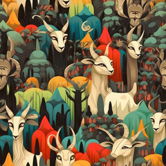 Goats seamless repeat pattern - fantasy colorful cubism, abstract art, trippy psychedelic [Generative AI]