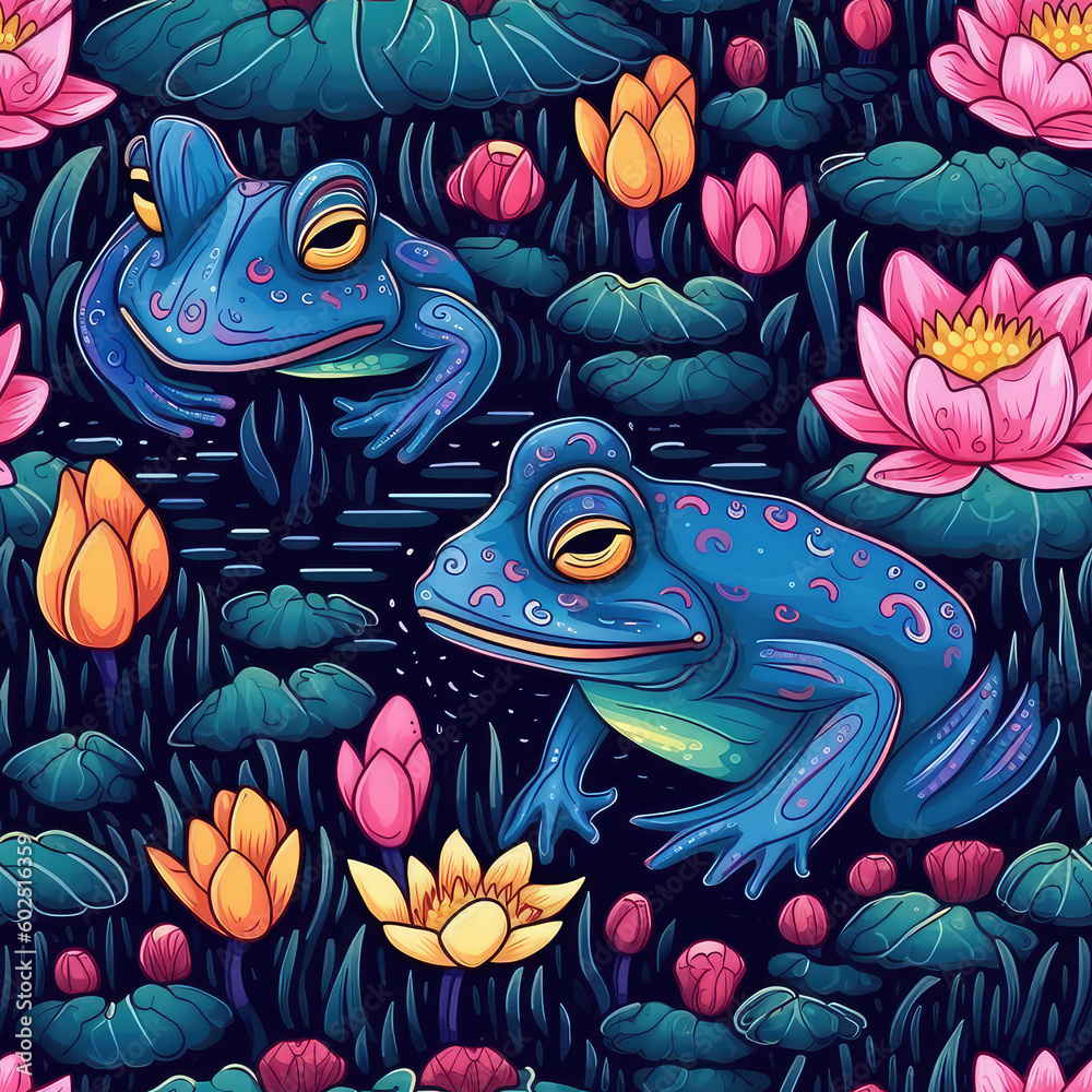 Sticker frogs in a lily pond seamless repeat pattern - fantasy colorful cubism, abstract art, trippy psyched