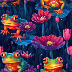 Obraz na płótnie Canvas Frogs in a lily pond seamless repeat pattern - fantasy colorful cubism, abstract art, trippy psychedelic [Generative AI]