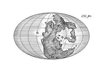 Plate tectonics on the planet Earth. Pangaea. Continental drift. Supercontinent at 250 Ma. Era of the dinosaurs. Jurassic period. Mesozoic. Hand drawn sketch for typography. Vintage engraving style.