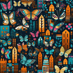 Butterflies seamless repeat pattern - fantasy colorful cubism, abstract art, trippy psychedelic [Generative AI]