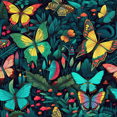 Obraz na płótnie Canvas Butterflies seamless repeat pattern - fantasy colorful cubism, abstract art, trippy psychedelic [Generative AI]