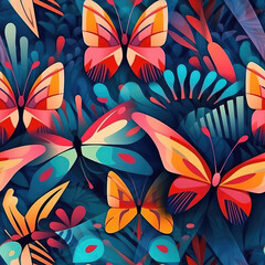 Fototapeta na wymiar Butterflies seamless repeat pattern - fantasy colorful cubism, abstract art, trippy psychedelic [Generative AI]