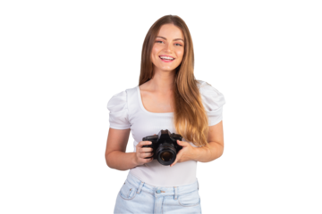 Blonde Brazilian woman with camera in hand.