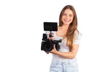 Blond Brazilian woman with cinema camera in her hand.