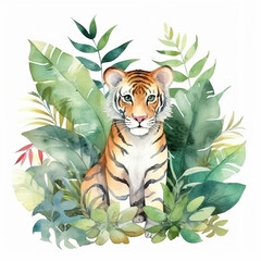 Obraz premium Watercolor Tiger and floral tropical bouquets. rest on tre tree, and plants, flowers, Ai Generative