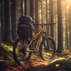 Fototapeta na wymiar Mountain Bike with Backpack Standing Near Tree in Jungle. Generative AI