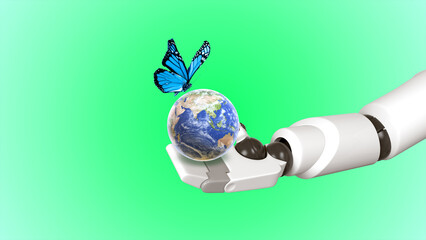 Earth Globe, blue butterfly and robot hand. Biodiversity concept. 3d rendering of robotic hand holding earth globe with blue butterfly on green background
