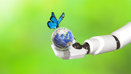 Earth Globe, blue butterfly and robot hand. Biodiversity concept. 3d rendering of robotic hand holding earth globe with blue butterfly on green background.