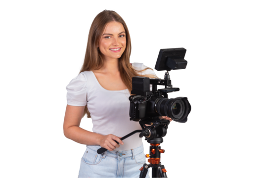 Blond Brazilian woman with cinema camera in her hand.