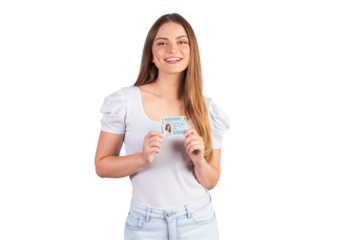 Blonde Brazilian woman holding a motor vehicle driver's license. Translation in English (national driver's license)