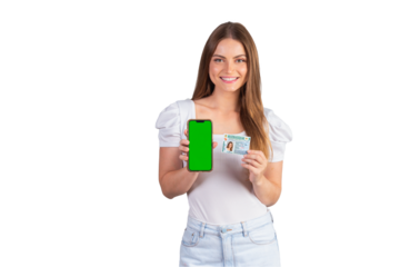 Blonde Brazilian woman holding a motor vehicle driver's license and smartphone. Translation in English (national driver's license)