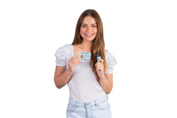 Blonde Brazilian woman holding motor vehicle driver's license and car key. Translation in English...