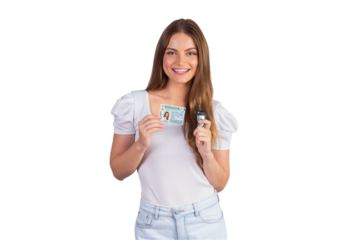 Blonde Brazilian woman holding motor vehicle driver's license and car key. Translation in English (national driver's license)