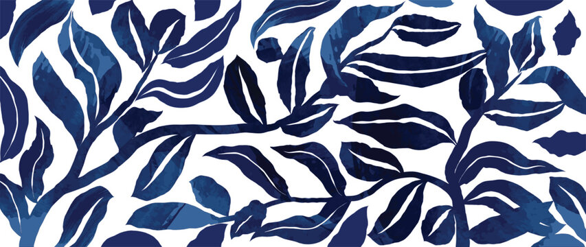 Inspired Matisse abstract art background vector. Natural watercolor hand drawn pattern design with blue leaves. 